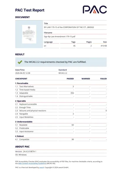 PAC Test Report showing the PDF meets WCAG 2.2 requirements, indicated by a green checkmark. Accessibility checkpoints across categories show successful compliance.