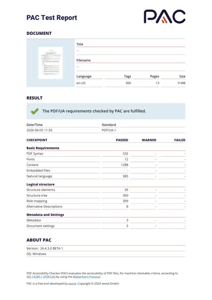 PAC Test Report showing the PDF meets PDF/UA-1 requirements, indicated by a green checkmark. Accessibility checkpoints across categories show successful compliance.