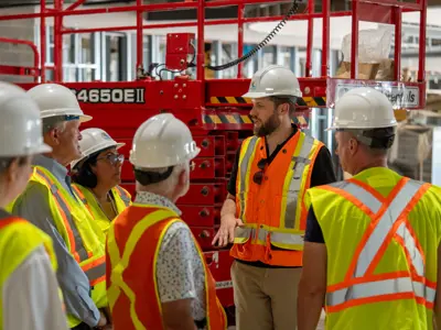 Visitors wearing hard hats and high-visibility safety vests stand inside the Cambridge Recreation Complex construction site as project lead Shane Taylor provides an update beside construction equipment.