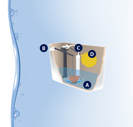 Graphic showing the inside of a toilet tank. Flapper valve is marked 'A', handle is marked 'B', overflow tube is marked 'C' and float rod is marked 'D'
