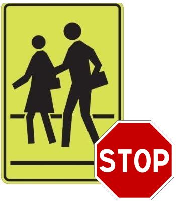 Yellow school crossing sign showing two walking figures holding bags, with a red stop sign graphic overlapping the bottom right corner.