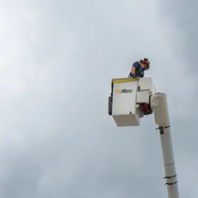 Public works employee in lift high up in the air