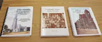 3 books lined up on a table. Left to right: 1. Time Frames: Historical Chronologies of Galt, Hespeler, Blair and Cambridge, 2. Cambridge Mosaic: An Inquiry into Who's Who in the History of Cambridge, 3. A Part of Our Past: Essay's on Cambridge's History