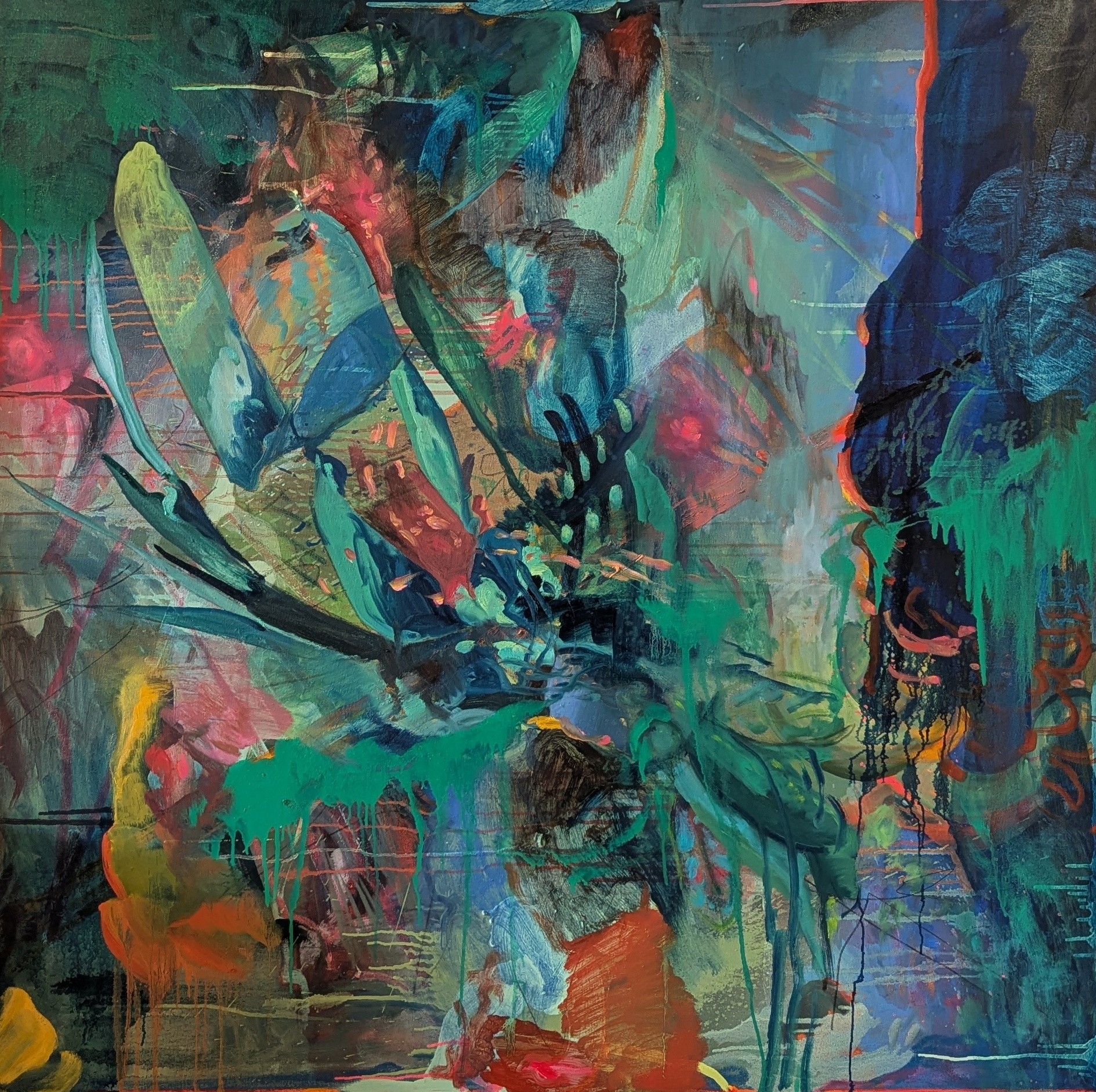 digital image of abstract acrylic on canvas painting featuring gestural marks in blue, green, pink and orange