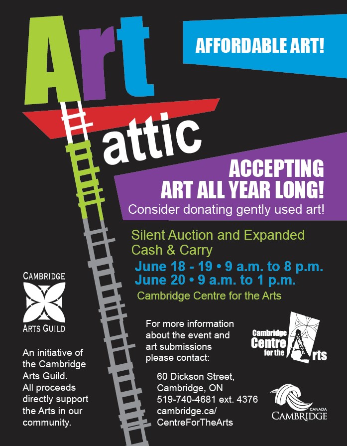 poster promoting the annual Art Attic event. Black background with Art Attic in bright text. Event dates June 18 and 19 from 9 a.m. to 8 p.m. and June 20 from 9 a.m. to 1 p.m.