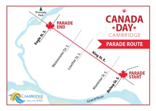 Parade route map. The route starts at Bishop St. and travels down King St. ending at Eagle St.