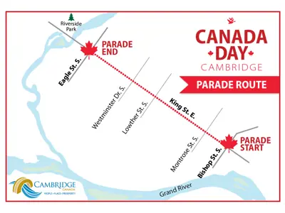 Parade route map. The route starts at Bishop St. and travels down King St. ending at Eagle St.