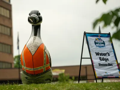 A large, hand-painted Cambridge Goose sculpture designed with an orange safety vest stands on a grassy hill beside a Goose on the Grand sign reading ‘Water’s Edge.